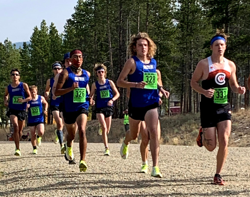 CMC XC Eagles men teammates on course at the CMC XC Open in Leadville