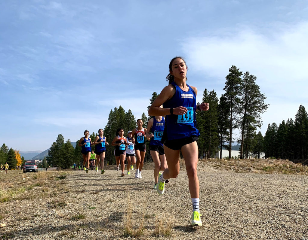 CMC XC Eagles women teammates on course at the CMC XC Open in Leadville